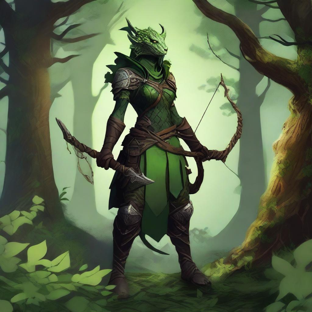 A female dragonborn character dressed as a plant archer, with green, leafy armor and a bow made of vines and branches