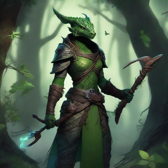 A female dragonborn character dressed as a plant archer, with green, leafy armor and a bow made of vines and branches