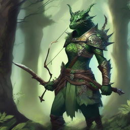 A female dragonborn character dressed as a plant archer, with green, leafy armor and a bow made of vines and branches