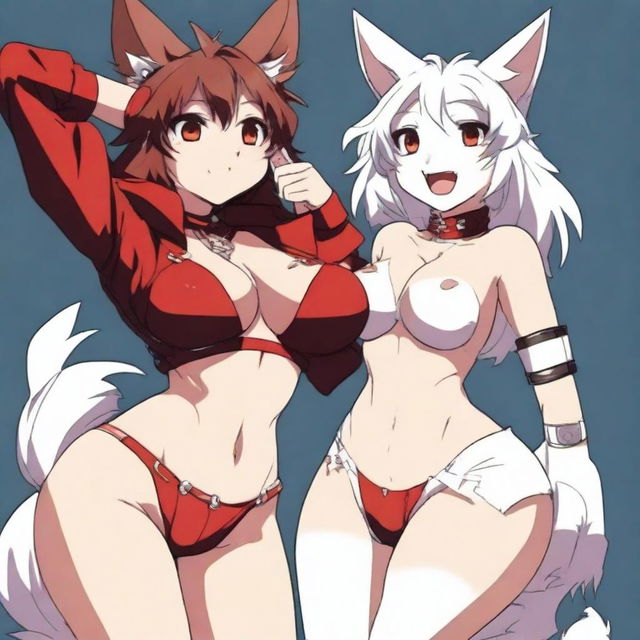 Two very sexy and voluptuous furry anime girls: a dark-furred and tanned wolf wearing tight and torn shorts and a white cat in a very sexy and revealing red outfit