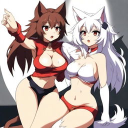 Two very sexy and voluptuous furry anime girls: a dark-furred and tanned wolf wearing tight and torn shorts and a white cat in a very sexy and revealing red outfit