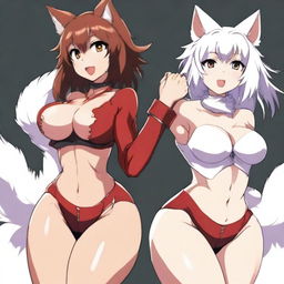 Two very sexy and voluptuous furry anime girls: a dark-furred and tanned wolf wearing tight and torn shorts and a white cat in a very sexy and revealing red outfit