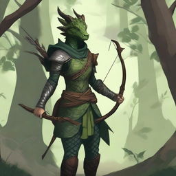 A female dragonborn dressed in plant-themed archer clothes, standing in a forest