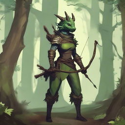 A female dragonborn dressed in plant-themed archer clothes, standing in a forest