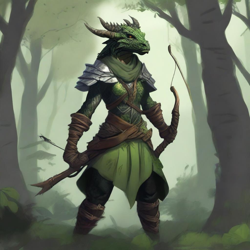 A female dragonborn dressed in plant-themed archer clothes, standing in a forest