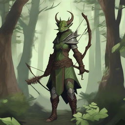 A female dragonborn dressed in plant-themed archer clothes, standing in a forest