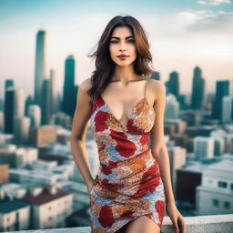 A confident young woman in a revealing floral dress, posing naturally on a rooftop with an urban skyline in the background