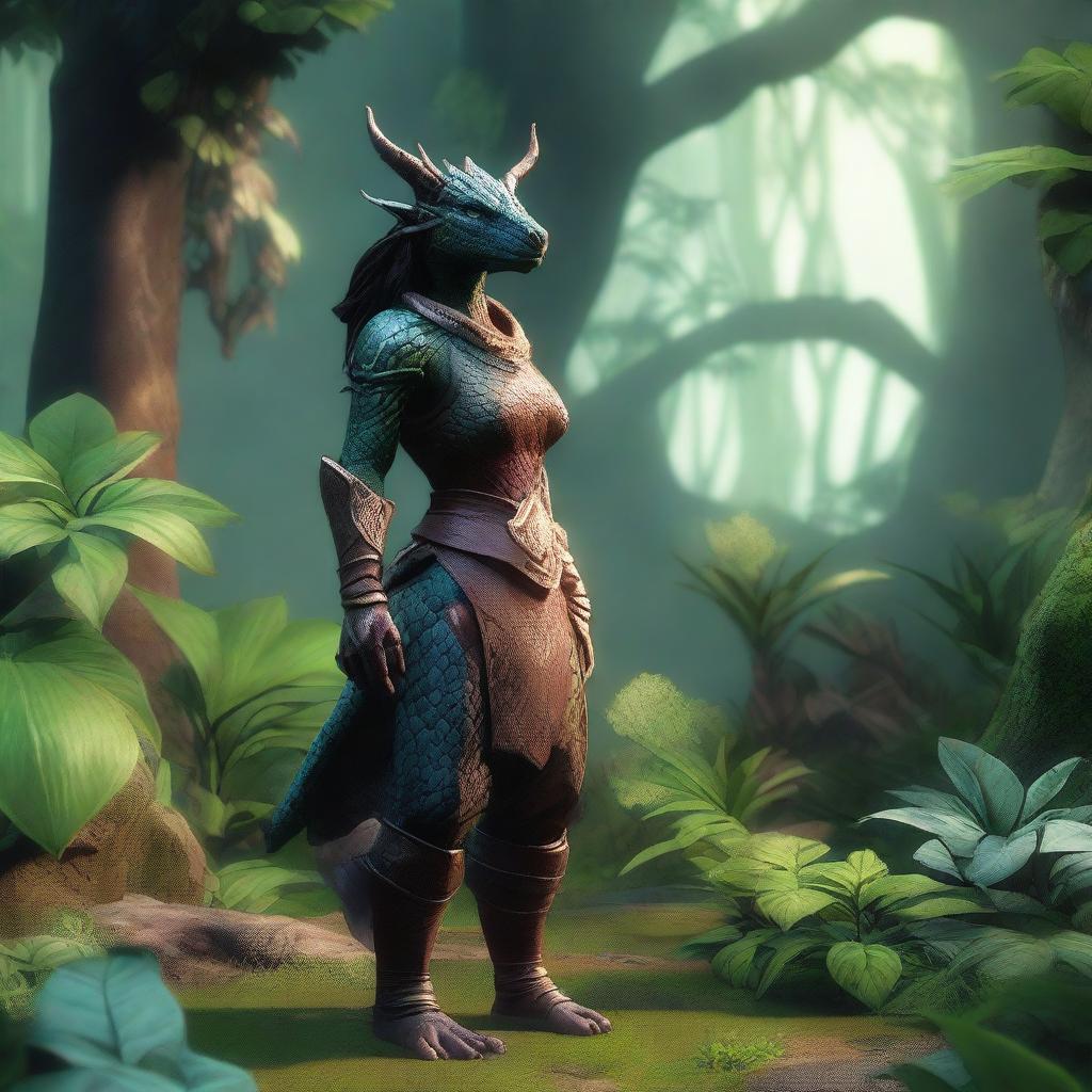 A female dragonborn character wearing minimal clothing, surrounded by lush plants and foliage