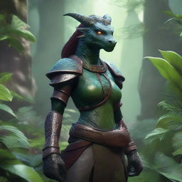 A female dragonborn character wearing minimal clothing, surrounded by lush plants and foliage