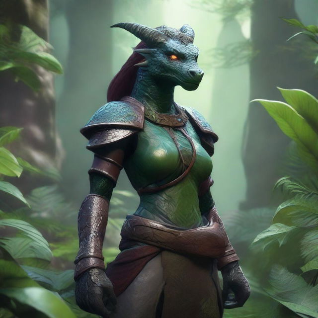 A female dragonborn character wearing minimal clothing, surrounded by lush plants and foliage