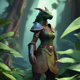 A female dragonborn character wearing minimal clothing, surrounded by lush plants and foliage