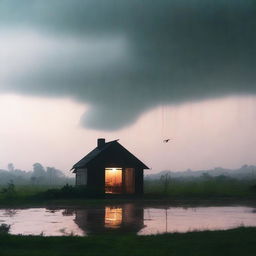 Uma imagem minimalista de um temporal com raios chegando em uma casa no campo