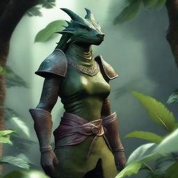 A female dragonborn character dressed in minimal clothing, surrounded by lush green plants and foliage