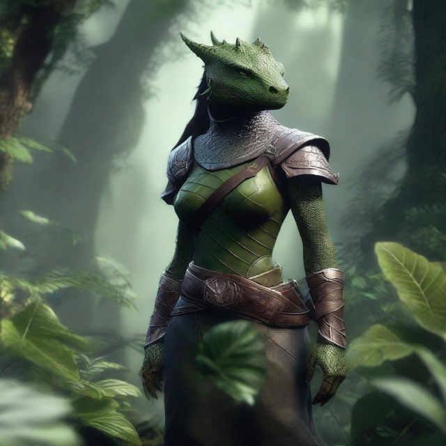 A female dragonborn character dressed in minimal clothing, surrounded by lush green plants and foliage