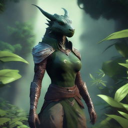 A female dragonborn character dressed in minimal clothing, surrounded by lush green plants and foliage