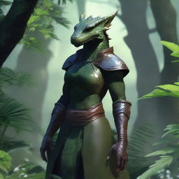 A female dragonborn character dressed in minimal clothing, surrounded by lush green plants and foliage