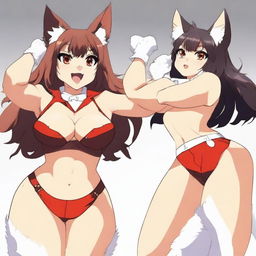 Two very sexy and voluptuous furry anime girls from behind: a dark-furred and very tanned wolf wearing super torn and tight shorts and a white cat in a very sexy and revealing red outfit that shows everything