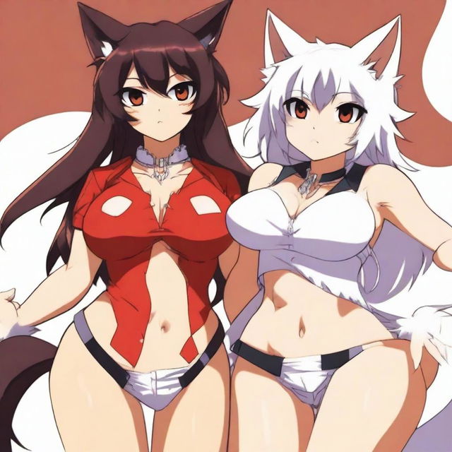 Two very sexy and voluptuous furry anime girls from behind: a dark-furred and very tanned wolf wearing super torn and tight shorts and a white cat in a very sexy and revealing red outfit that shows everything