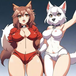 Two very sexy and voluptuous furry anime girls from behind: a dark-furred and very tanned wolf wearing super torn and tight shorts and a white cat in a very sexy and revealing red outfit that shows everything