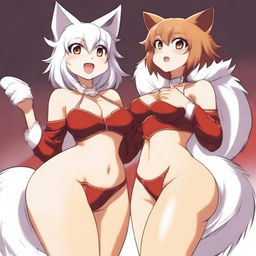 Two very sexy and voluptuous furry anime girls from behind: a dark-furred and very tanned wolf wearing super torn and tight shorts and a white cat in a very sexy and revealing red outfit that shows everything