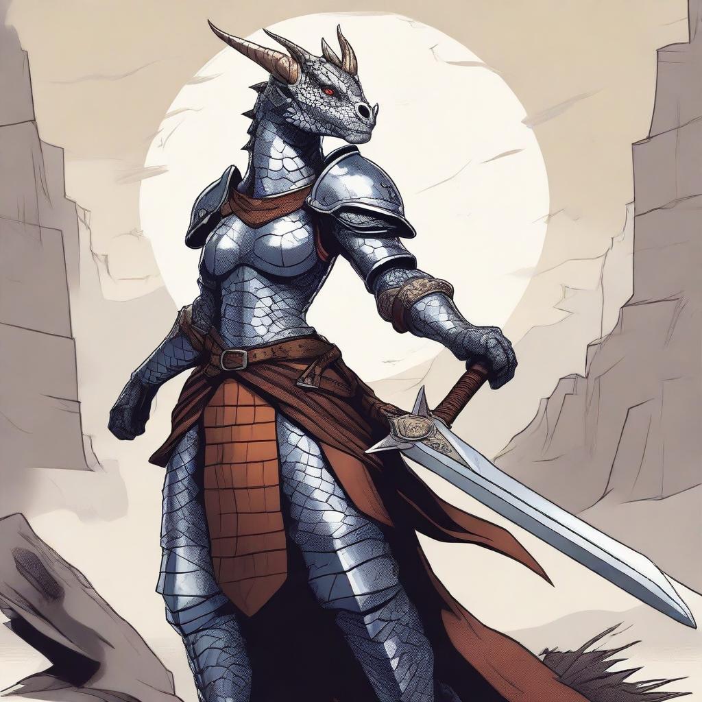 A detailed illustration of a female dragonborn, a humanoid dragon character with scales, horns, and a fierce expression