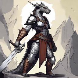 A detailed illustration of a female dragonborn, a humanoid dragon character with scales, horns, and a fierce expression