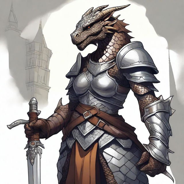 A detailed illustration of a female dragonborn, a humanoid dragon character with scales, horns, and a fierce expression