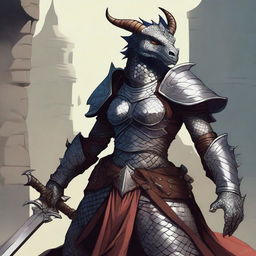 A detailed illustration of a female dragonborn, a humanoid dragon character with scales, horns, and a fierce expression