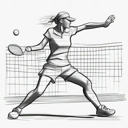 A detailed sketch of a tennis scene, featuring a player mid-swing with a racket, a tennis ball in motion, and a tennis court in the background