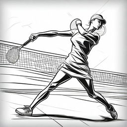 A detailed sketch of a tennis scene, featuring a player mid-swing with a racket, a tennis ball in motion, and a tennis court in the background