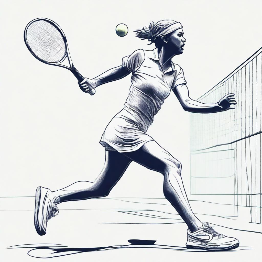 A detailed sketch of a tennis scene, featuring a player mid-swing with a racket, a tennis ball in motion, and a tennis court in the background