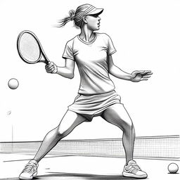 A detailed sketch of a tennis scene, featuring a player mid-swing with a racket, a tennis ball in motion, and a tennis court in the background