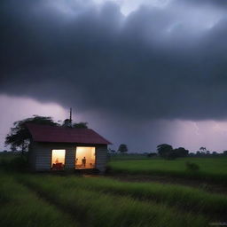 Uma imagem com traços de um temporal com raios chegando em uma casa no campo