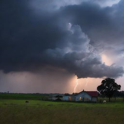 Uma imagem com traços de um temporal com raios chegando em uma casa no campo