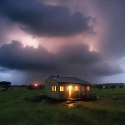 Uma imagem com traços de um temporal com raios chegando em uma casa no campo