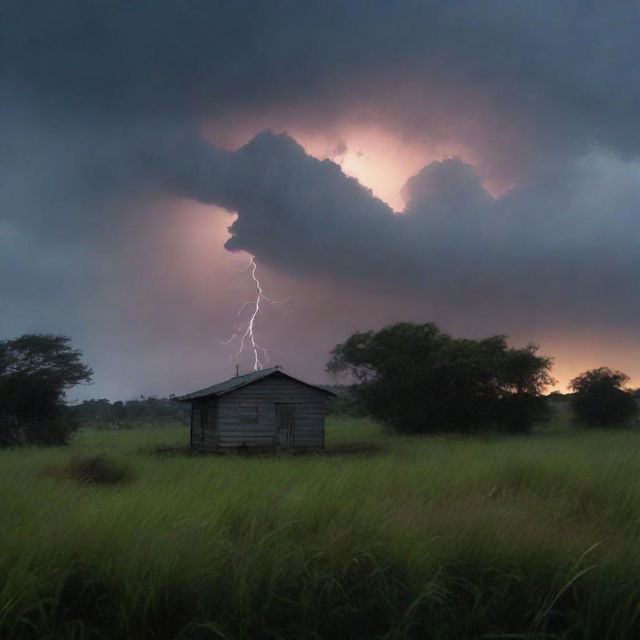 Uma imagem com traços de um temporal com raios chegando em uma casa no campo