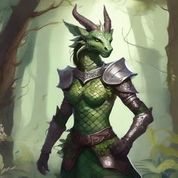 A detailed illustration of a female plant dragonborn, a humanoid dragon character with scales and plant-like features such as vines, leaves, and flowers