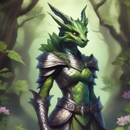 A detailed illustration of a female plant dragonborn, a humanoid dragon character with scales and plant-like features such as vines, leaves, and flowers