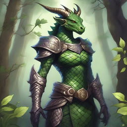 A detailed illustration of a female plant dragonborn, a humanoid dragon character with scales and plant-like features such as vines, leaves, and flowers