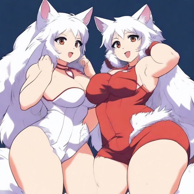 Two very sexy and voluptuous (chubby) furry anime girls from behind: a dark-furred and very tanned wolf wearing super torn and tight shorts and a white cat in a very sexy and revealing red outfit that shows everything