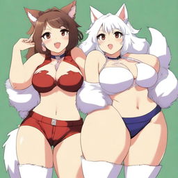 Two very sexy and voluptuous (chubby) furry anime girls from behind: a dark-furred and very tanned wolf wearing super torn and tight shorts and a white cat in a very sexy and revealing red outfit that shows everything