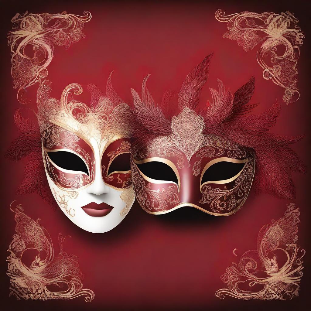 A detailed illustration of two masquerade masks set against a deep red background