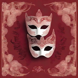 A detailed illustration of two masquerade masks set against a deep red background