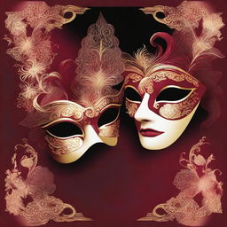 A detailed illustration of two masquerade masks set against a deep red background