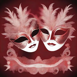 A detailed illustration of two masquerade masks set against a deep red background