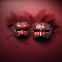 A 3D rendering of two masquerade ball masks set against a deep red background