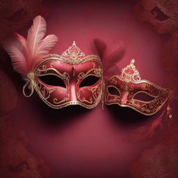 A 3D rendering of two masquerade ball masks set against a deep red background