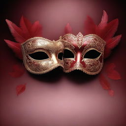 A 3D rendering of two masquerade ball masks set against a deep red background