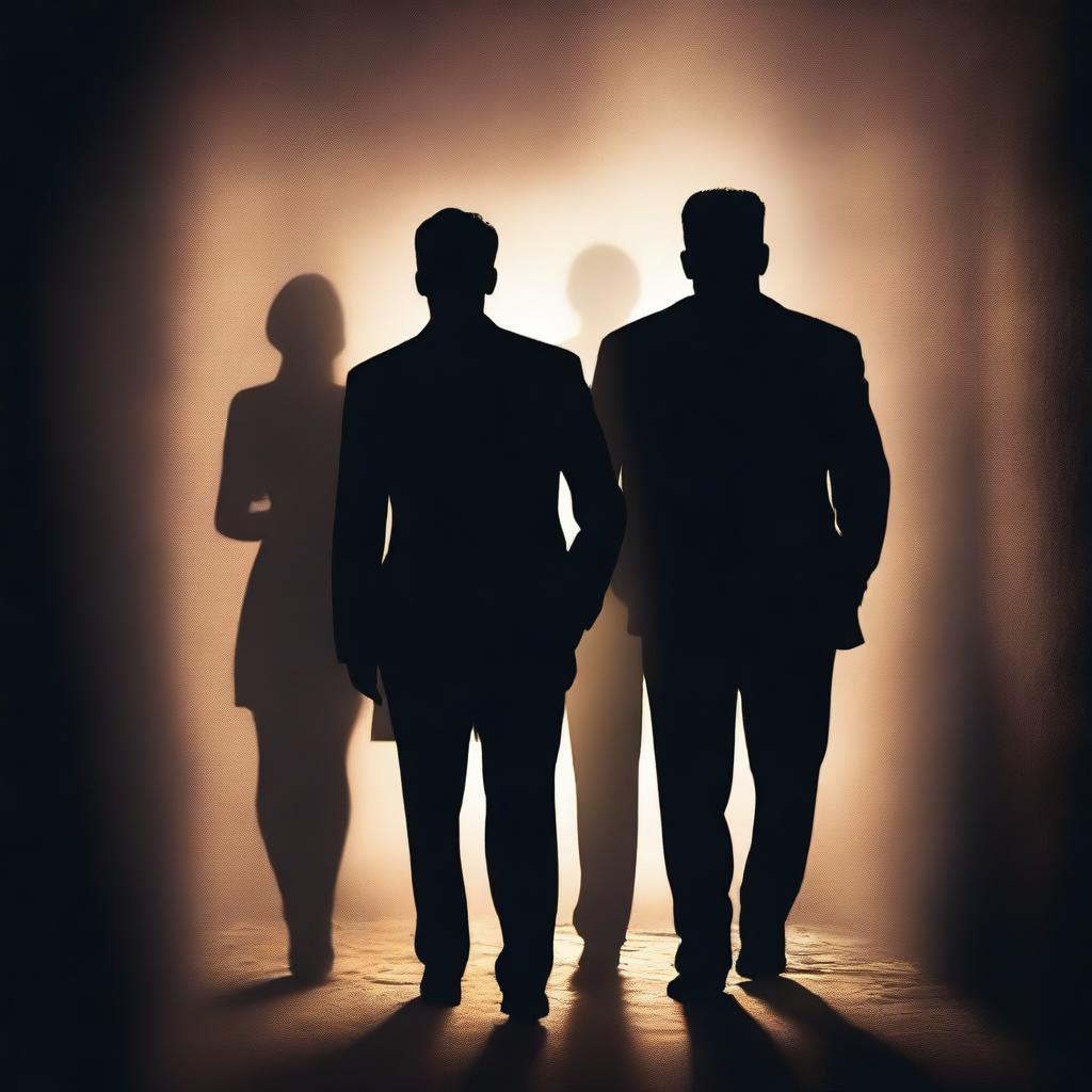 Create an ebook cover featuring a man standing in the shadows with two women on either side of him