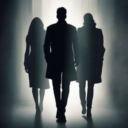 Create an ebook cover featuring a man standing in the shadows with two women on either side of him